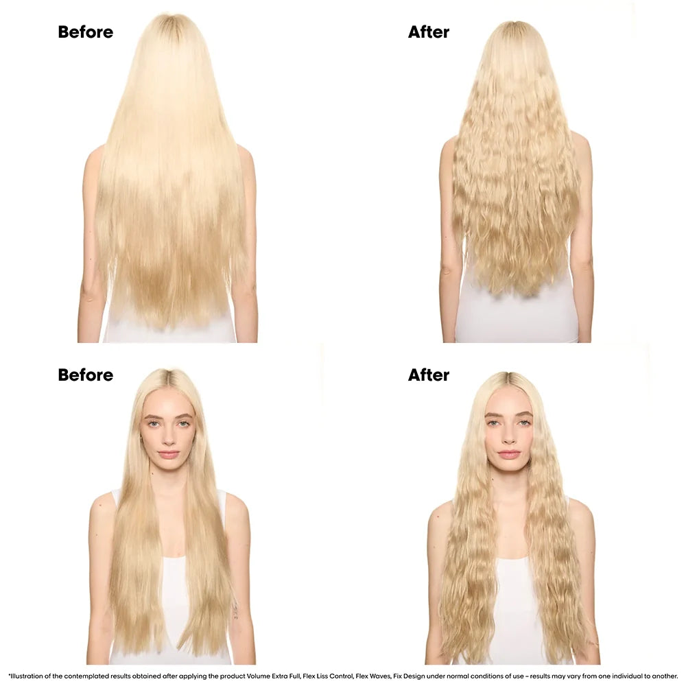 Before and after comparison of hair treatment on a person with long blonde hair.