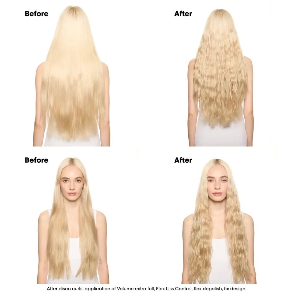 Before and after comparison of hair styling with a person wearing a white top.