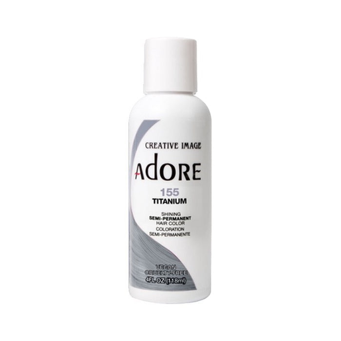 Bottle of ADORE Semi Permanent Hair Colour in Titanium #155 with a white cap and label, against a white background.