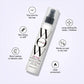 Hair spray bottle with features listed on a light purple background