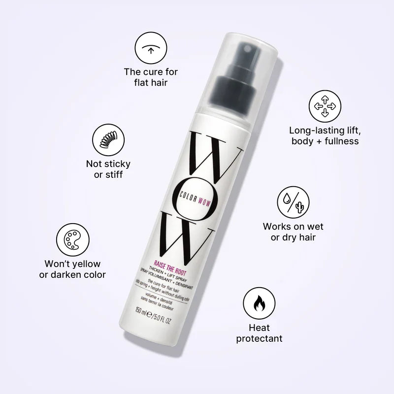 Hair spray bottle with features listed on a light purple background