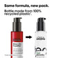 L'Oreal professional hair product bottles with text about recycled plastic packaging.