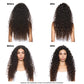 Before and after comparison of a woman's hair with curly extensions on a white background.