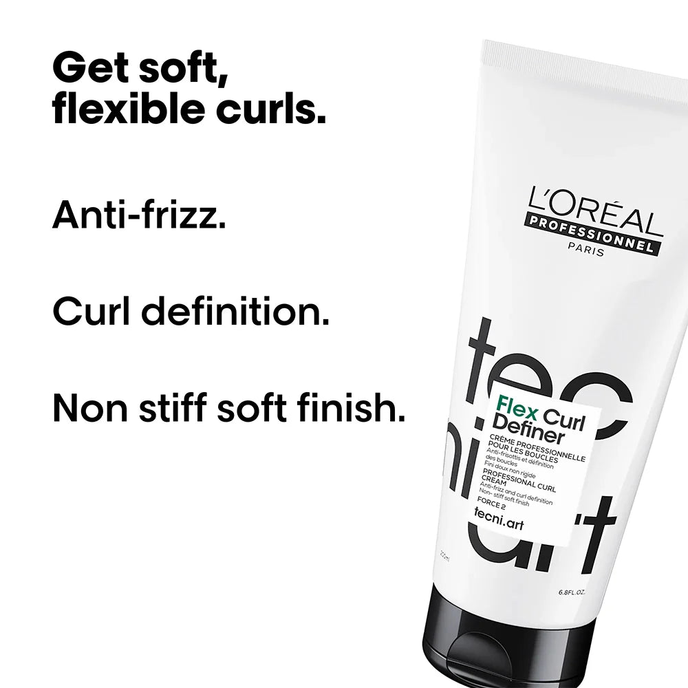 L'Oreal Professionnel tecni.art Flex Curl Definer tube with product features on a white background