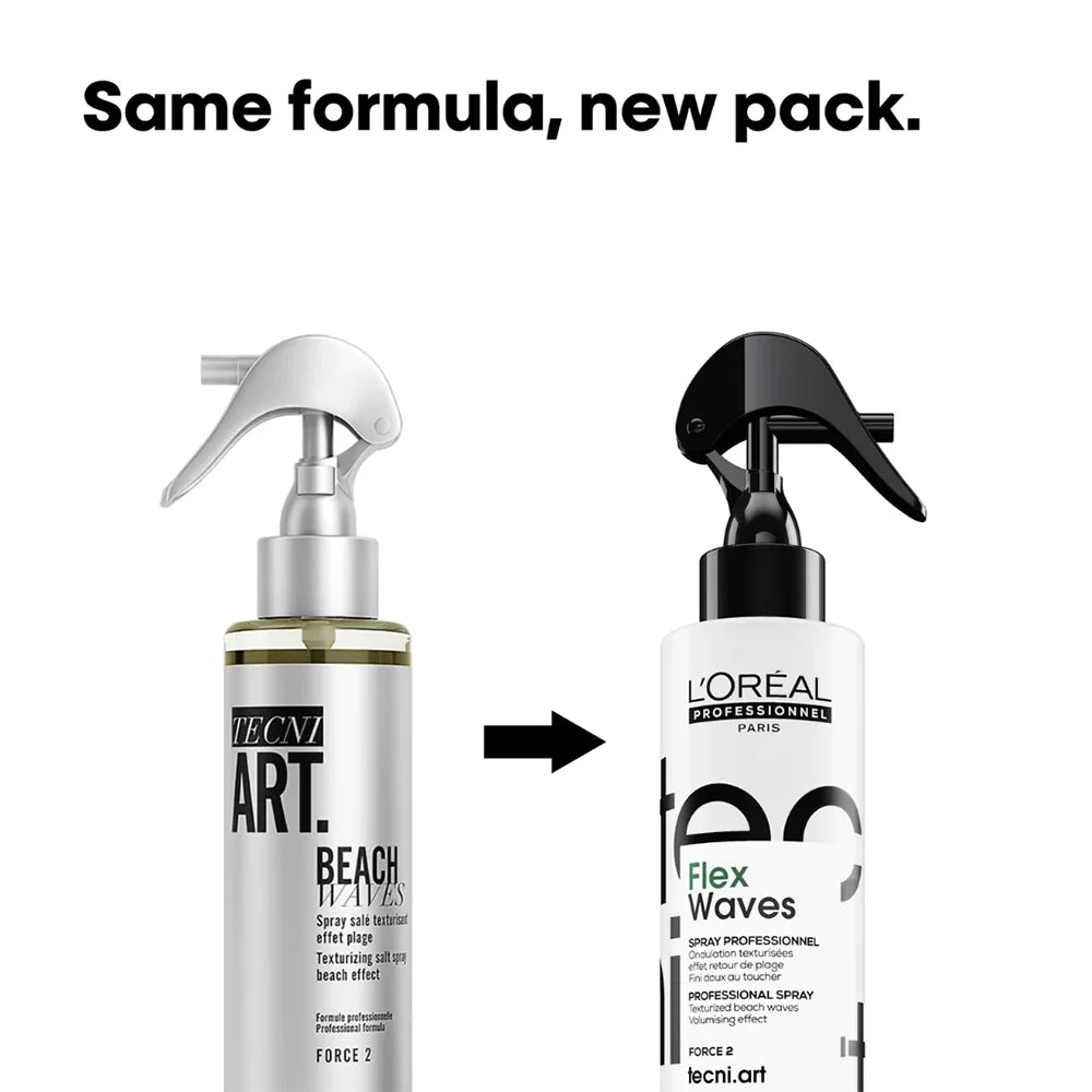 Two bottles of L'Oreal Professionnel Tecni.Art Flex Waves spray with text 'Same formula, new pack.'