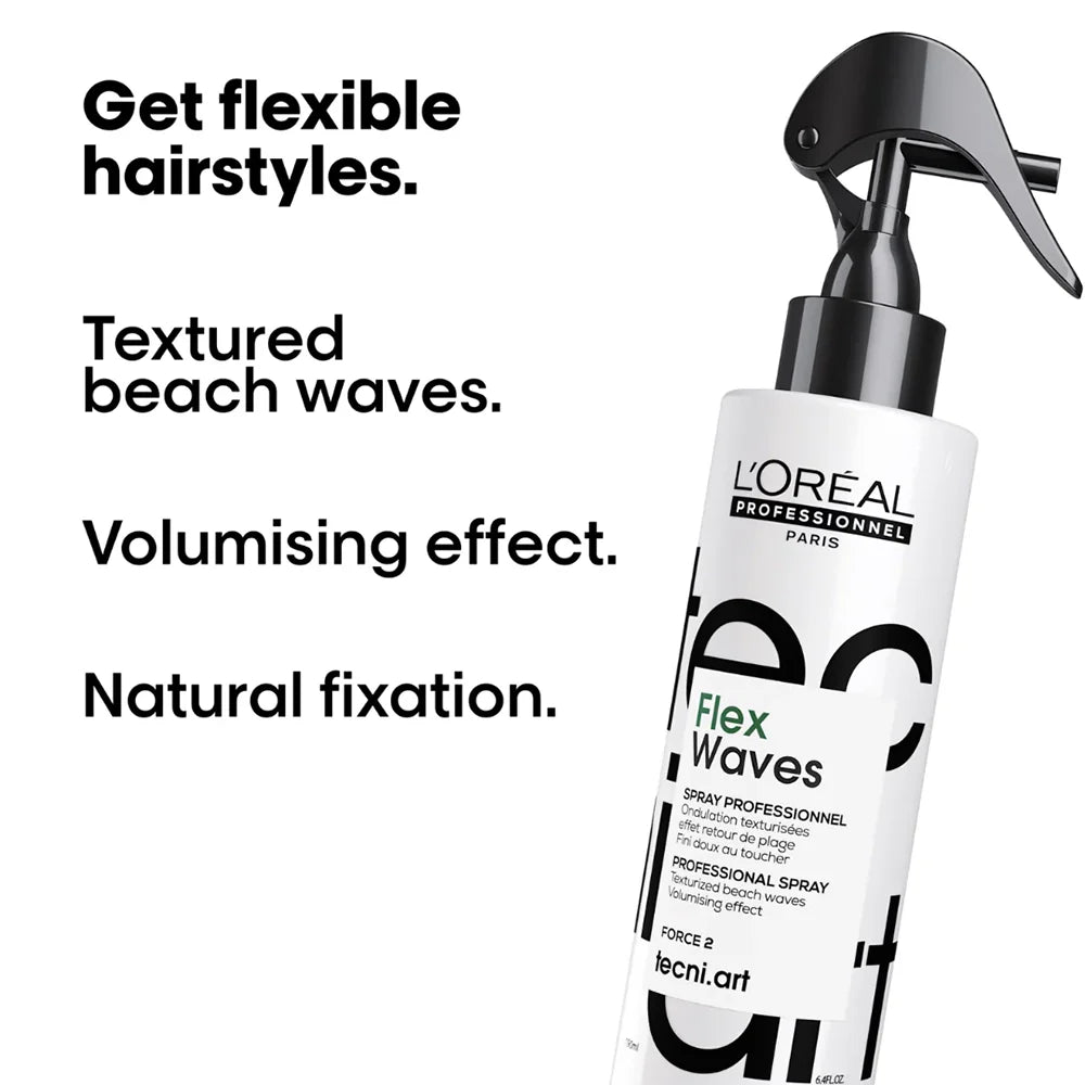 L'Oreal Flex Waves hair spray bottle with text highlighting features on a white background