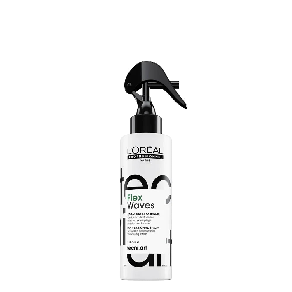 L'Oreal Paris tecni.art Flex Waves hair spray bottle on a white background