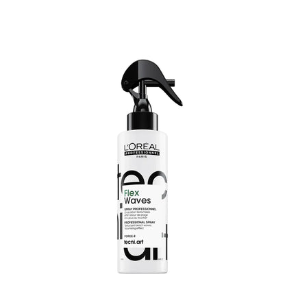 L'Oreal Paris tecni.art Flex Waves hair spray bottle on a white background