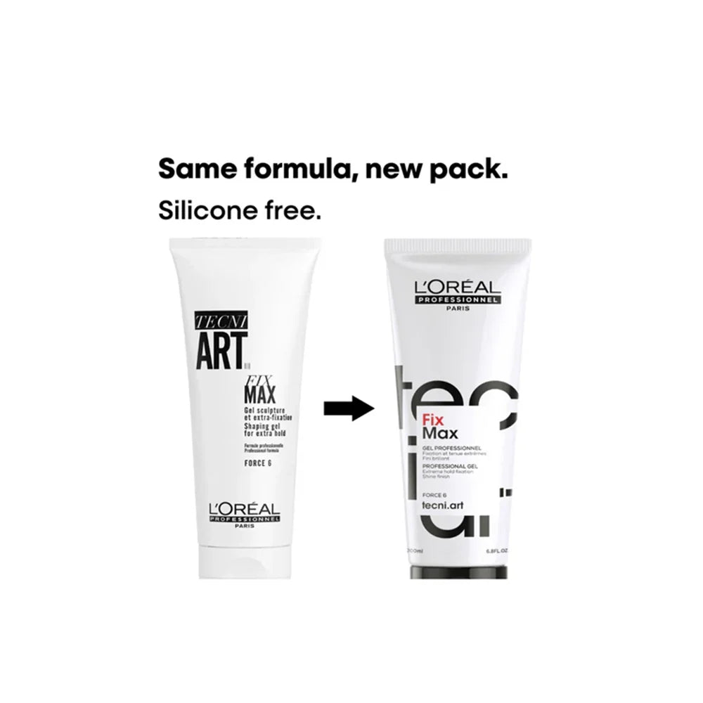 Two L'Oreal Tecni Art Fix Max hair product tubes with an arrow pointing from old packaging to new packaging on a white background.
