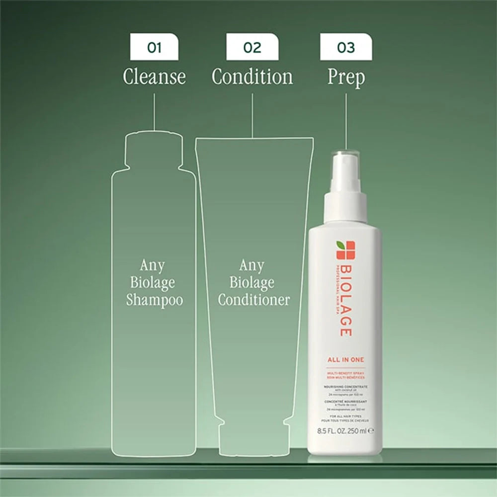 Biolage shampoo, conditioner, and all-in-one product on a green background