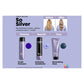 Matrix So Silver hair care product set with shampoo, conditioner, and mask on a purple background.