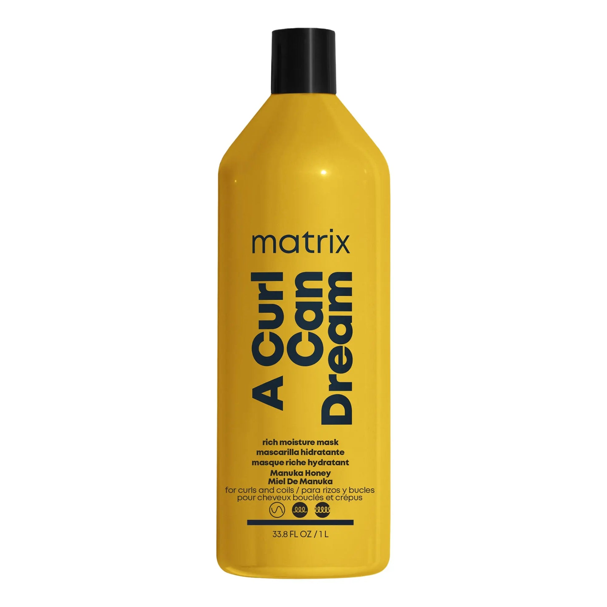 A yellow bottle of MATRIX A Curl Can Dream Mask designed for curls and coils with Manuka honey extract.