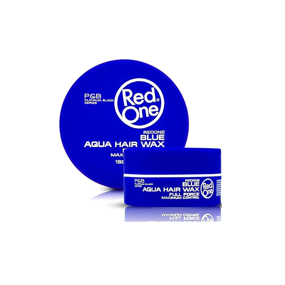 Two containers of Red One Blue Aqua Hair Wax on a white background