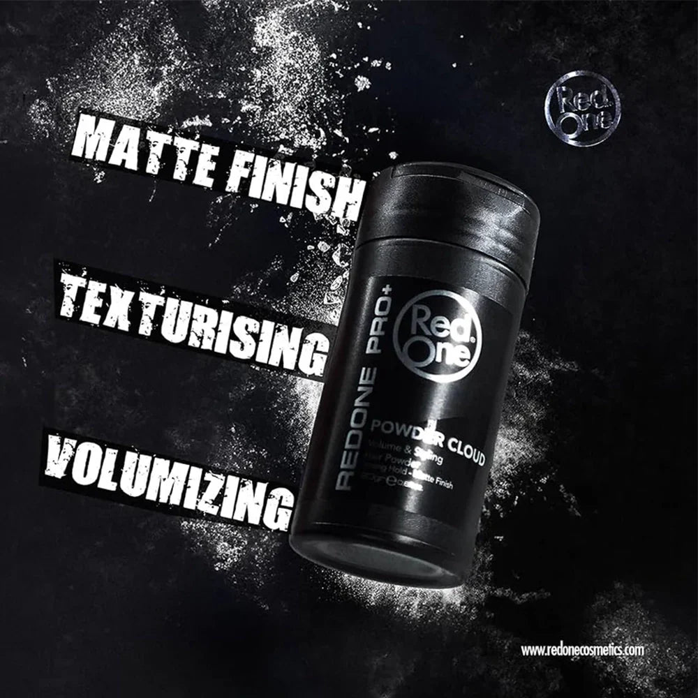 Black powder canister with 'RedOne' branding on a dark background with text describing product features.