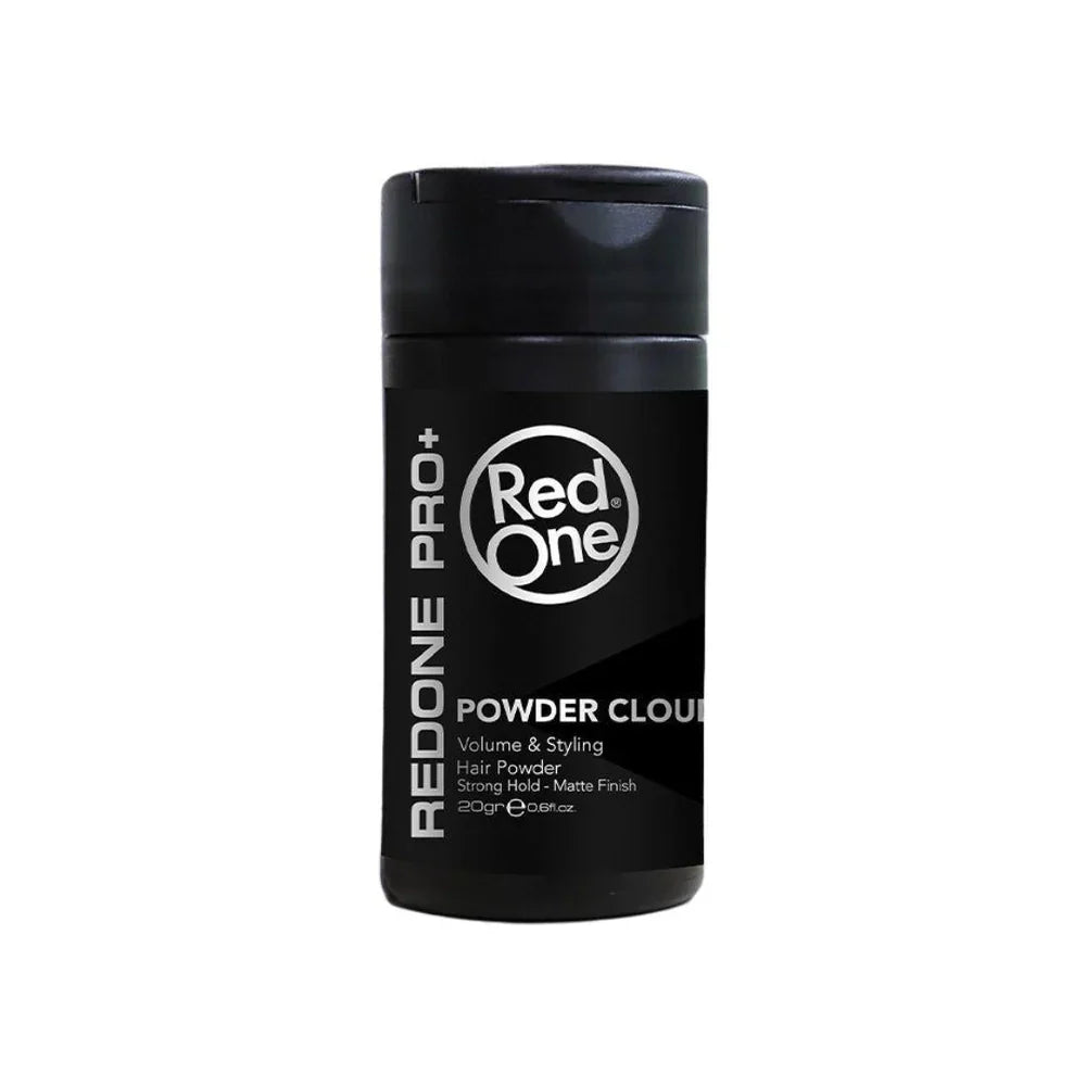 Black container of RedOne Powder Cloud hair product on a white background
