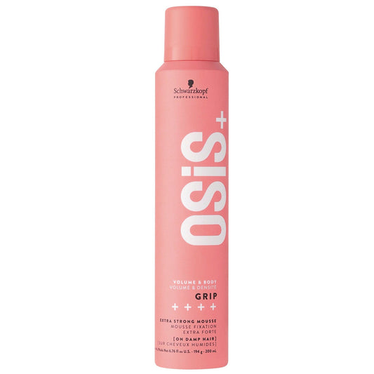 A can of SCHWARZKOPF Osis+ Grip Volume & Body Extra Strong Mousse 200ml with pink packaging.