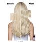 Before and after comparison of blonde hair with a bottle of hair product.