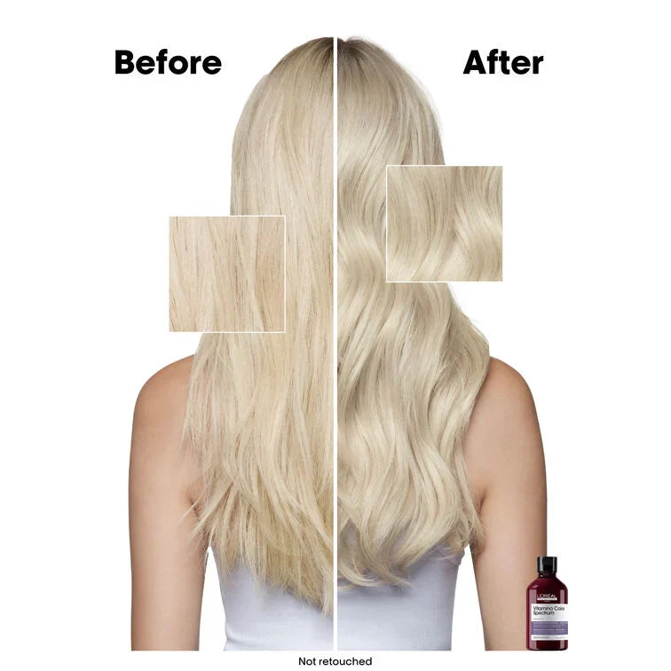 Before and after comparison of blonde hair with a bottle of hair product.